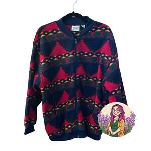VTG Winterset Red Blue Aztec Southwestern Fleece Zip Up Jacket Pockets Size M